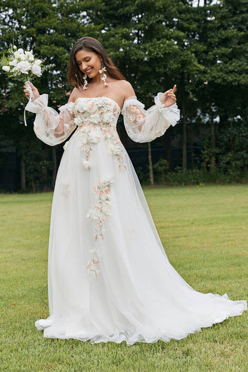 Vestido de novia de manga larga desmontable marfil con flores 3D